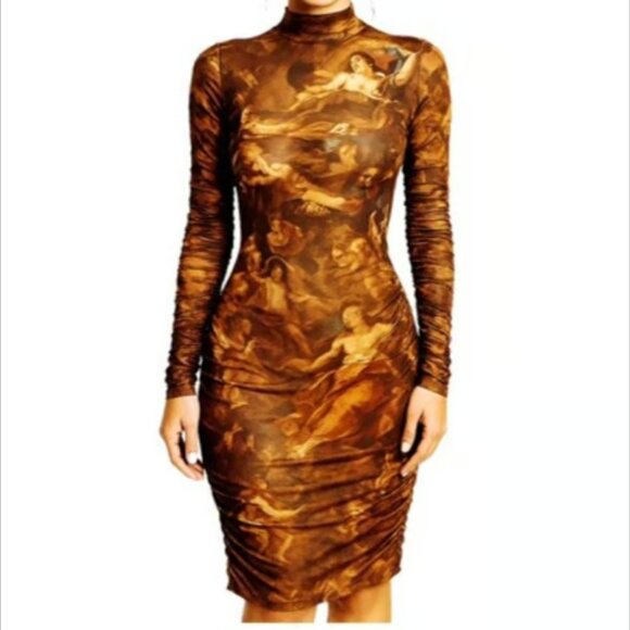 Fashion Nova XL Bodycon Midi Dress Renaissance Art High Neck Long Sleeve NEW - Picture 1 of 10